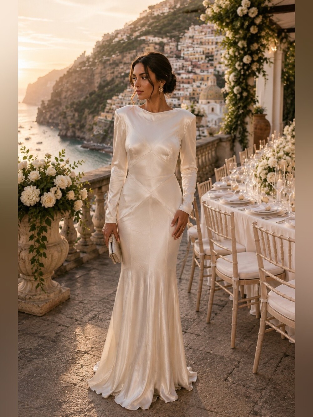 Elegant Satin Long-Sleeve Ivory Gown